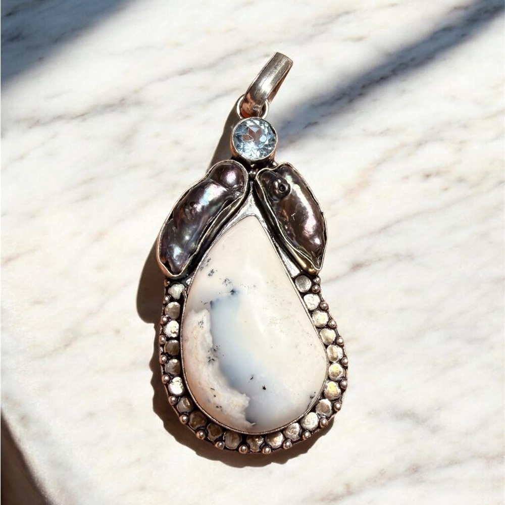 925 Sterling Silver Opal Pendant w/ Peacock Pearls + Blue Stone Accent